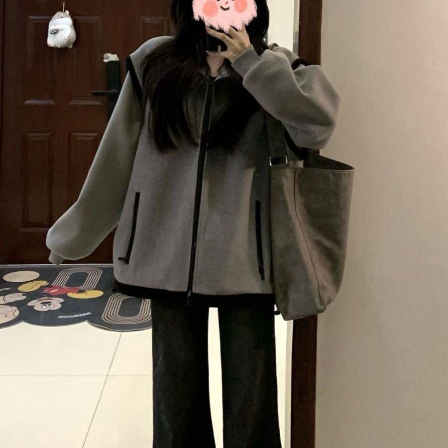 Women's Gray Patchwork Wool Coat with Stand-Up Collar - College Style Cardigan