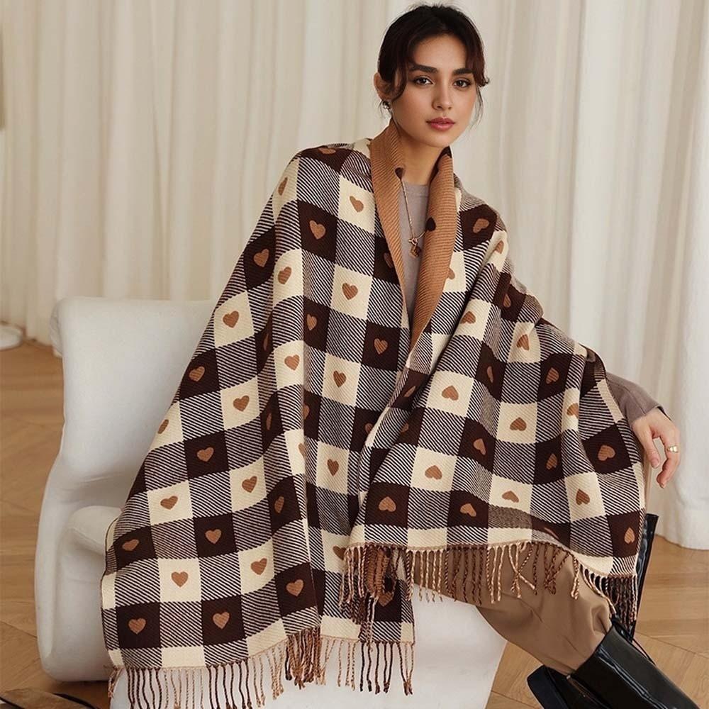 Warmer Plaid Knitted Scarf Long Tassel Shawl Gifts Heart Thickened Scarf  Winter