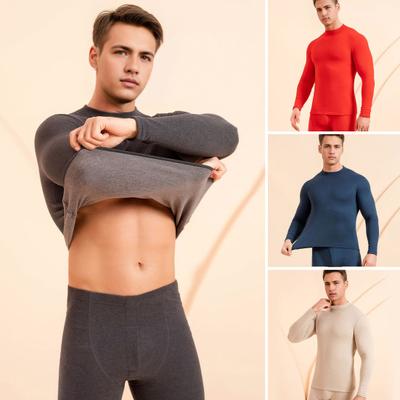 2Pcs/Set Men Warm Outfit O-Neck Long Sleeve Thermal Top High Waist Long Trousers Set Solid Color Slim Fit Breathable Bottom Outfit