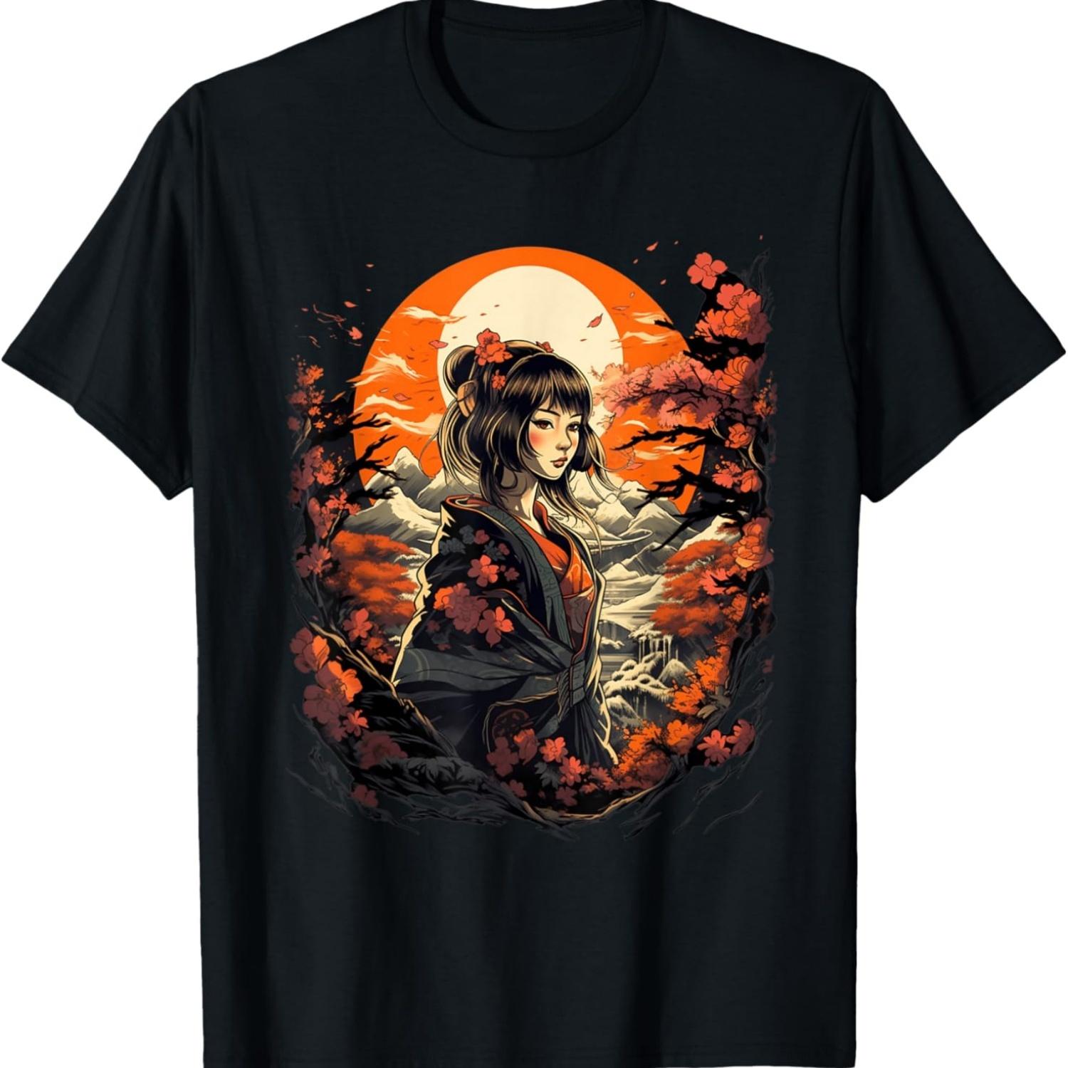 Футболка с гейшей, горой Фудзи, пагодой и цветами сакуры(48) S чёрный