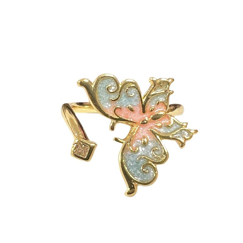 Gold Enamel Oil Drop Butterfly Open Ring Niche Design Flower Color Personality Ring Female