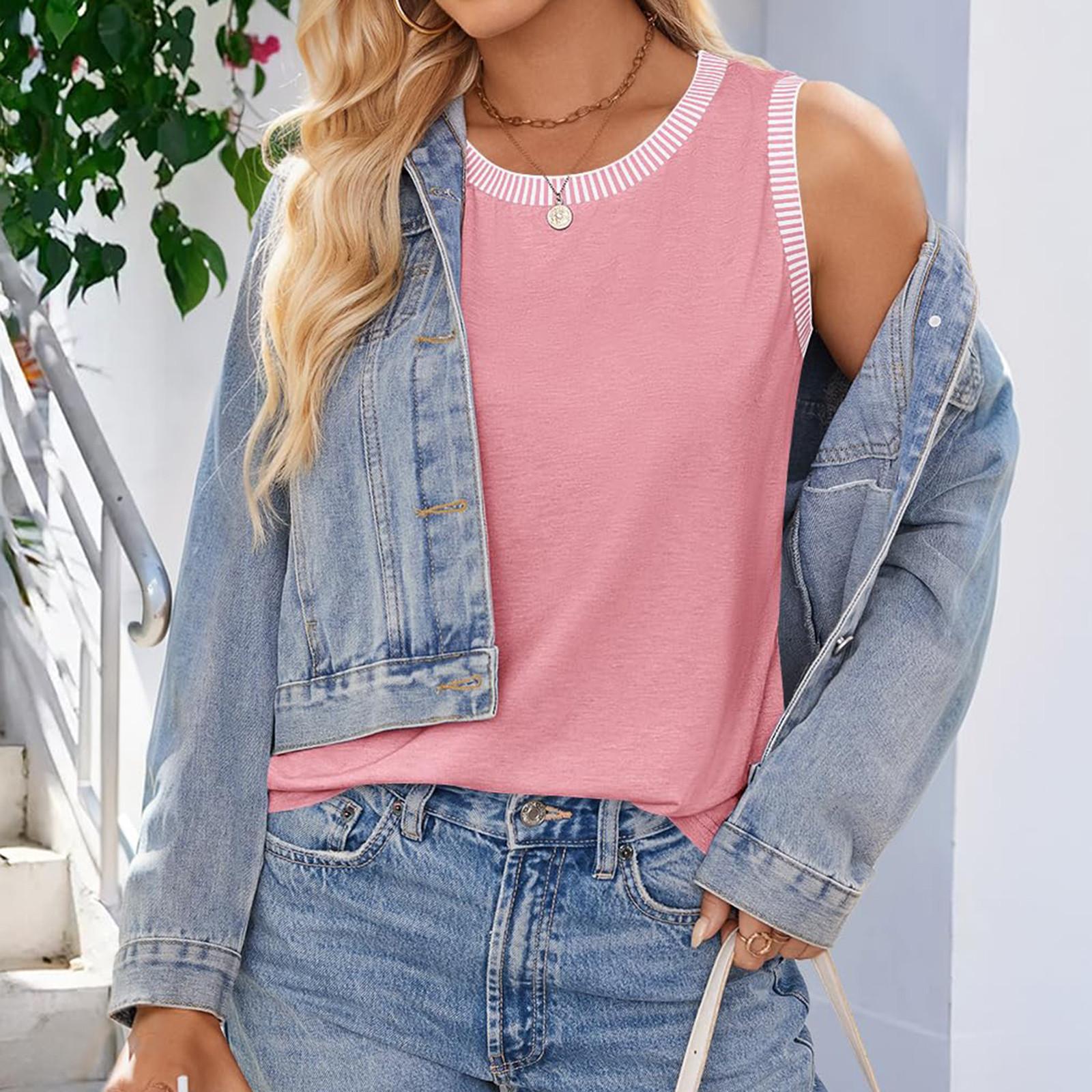 

Женская модная повседневная футболка-топ без рукавов с круглым вырезом и цветными блоками, приталенная L розовый