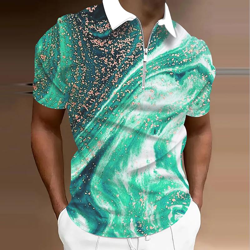 Men's  Shirt Polo Casual Zip Short Sleeve Fashion Casual Zipper Summer Spring Regular Fit 3D Marbling Print Shirt