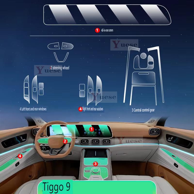 For Chery Tiggo 9 Car Interior Decor Protection Sticker Center Control Door Navigator Panel Car Accessorie TPU Transparent Films