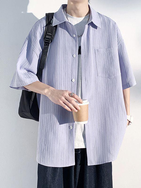 Men's Summer Trendy Solid Color Short Sleeve Ice Silk Shirt