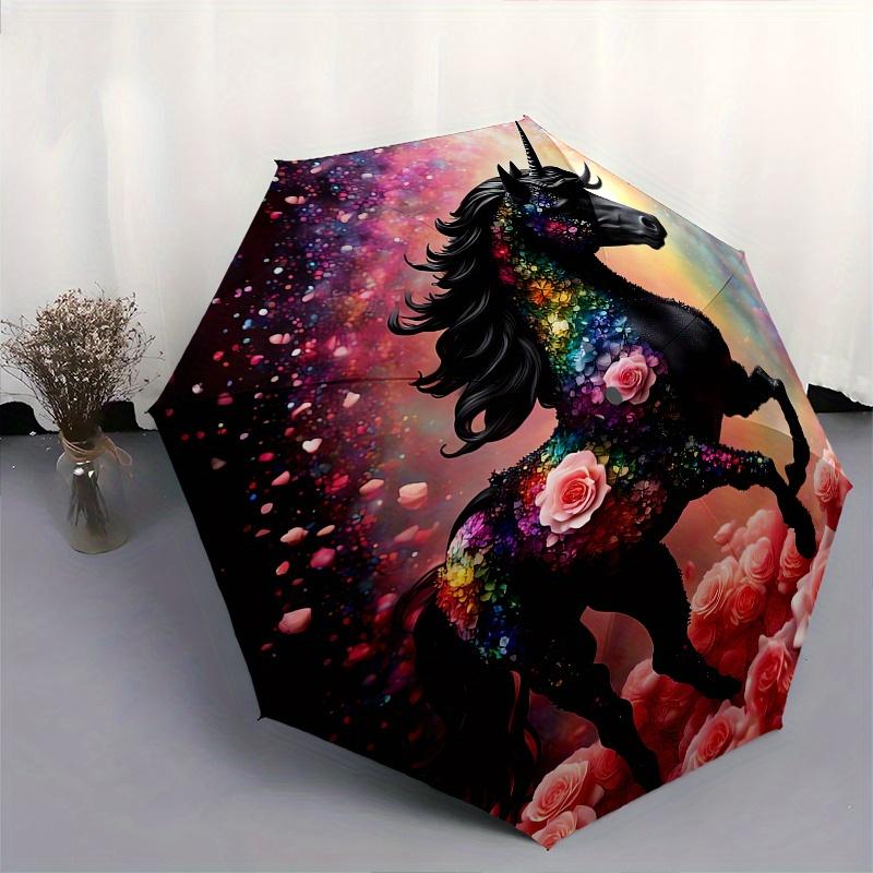 Unicorn, Floral Theme 8 Bone Hand Automatic Folding Fashion Umbrella, Compact and Portable Design, A Perfect Gift for Birthday, Christmas or