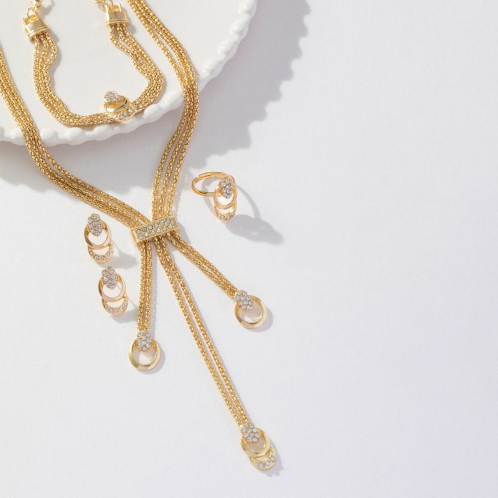 5Pcs Earrings Rhinestone Jewelry Suit Geometric Bracelet Chain Set Tassel Necklace Suit  Party