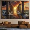 2D Roman Pillar Sunset Ocean Backdrop Vintage Architecture Fantasy Landscape Background for Photoshoot
