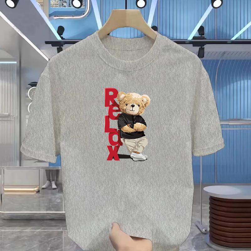 Men's Summer 100% Cotton Fashionable Casual Loose Large Size Letter Bear Printed Sports Round Neck Short Sleeve T-shirt Top