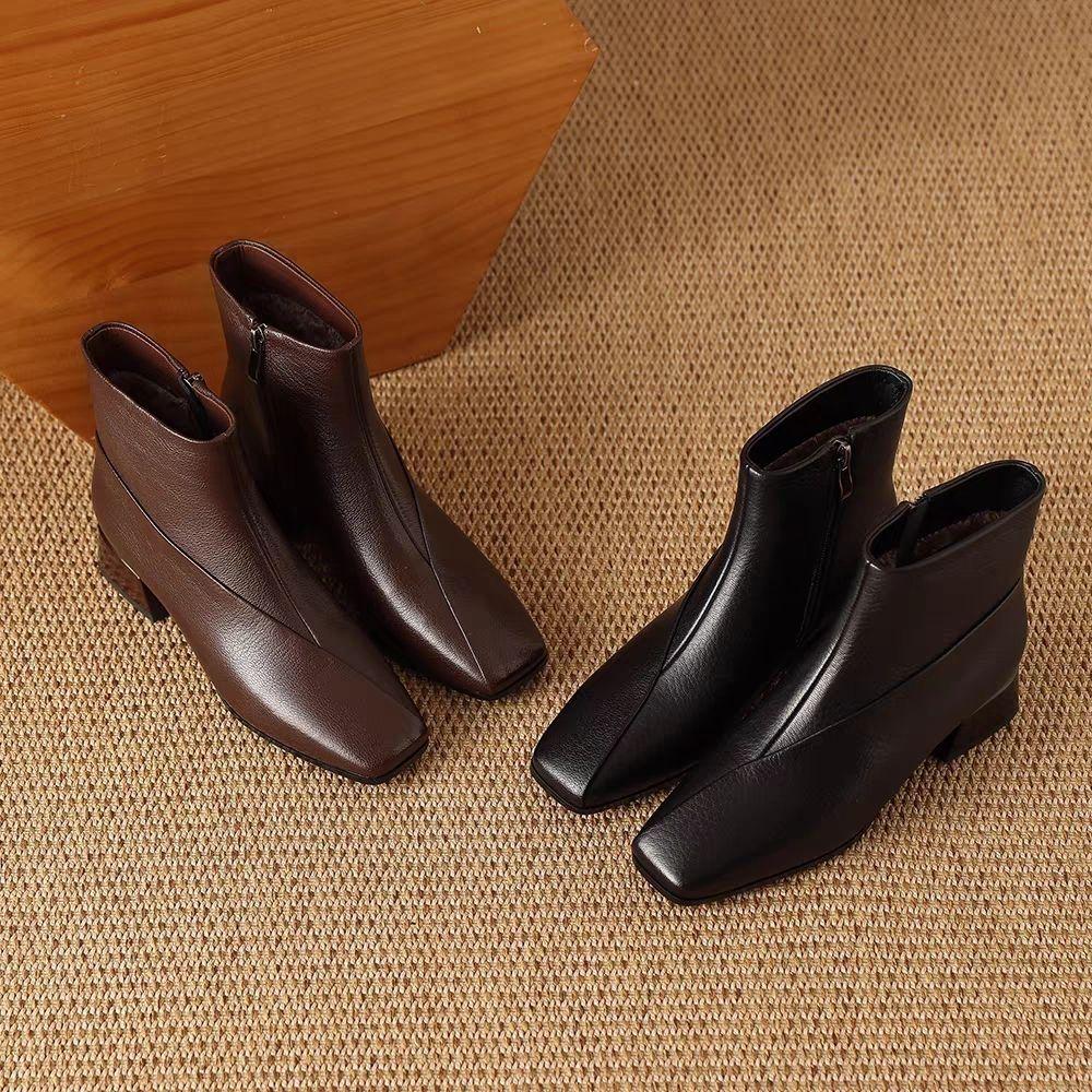 2025 Women's Soft Leather Mid-Heel Square Toe Boots with Velvet Lining for Autumn and Winter