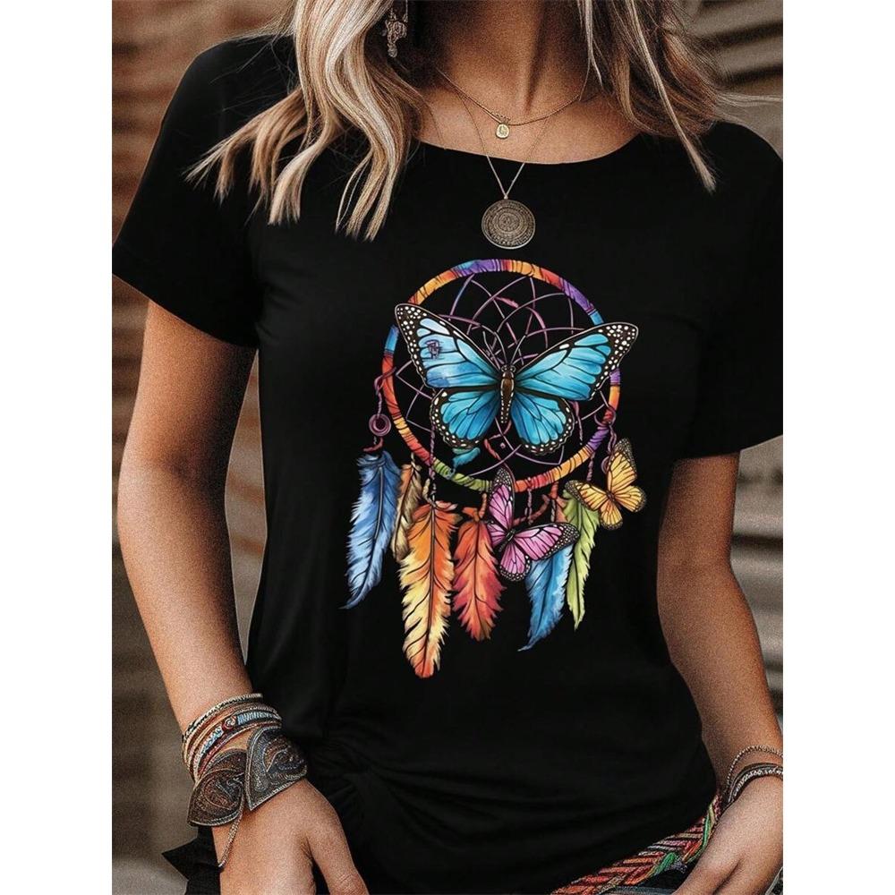 Traumfänger Aufdruck Damen O-Ausschnitt T-Shirt Sommer Täglich Lässig Damen Kurzarm Top Outdoor Street Damenmode T-Shirt