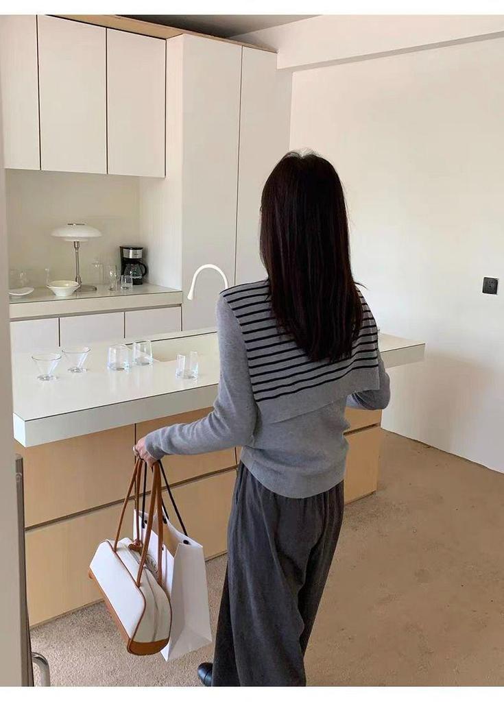 Women's Grey Striped Slim-Fit Long Sleeve Sweater, Autumn 2025 Collection