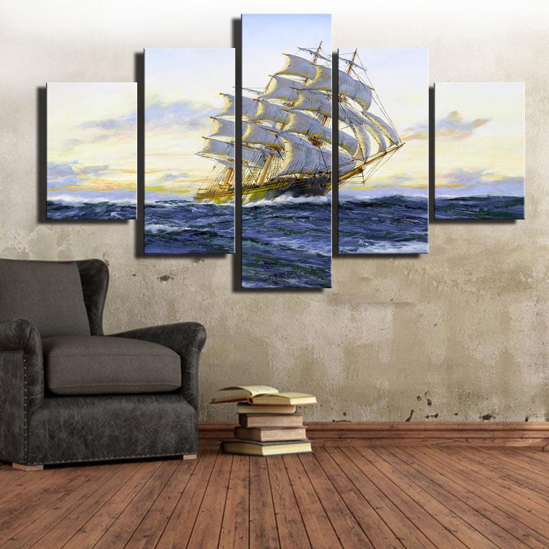 5 Panels Boat On the Sea Scenery Posters For Living Room Wall Large Size Seascape Wall Art Modern Pictures Cuadros Decoration