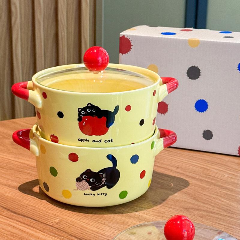 Cute Polka Dot Cat Instant Noodle Bowl Fruit Salad Dessert Bowl Student Dormitory Instant Noodle Bowl Girl Birthday Gift
