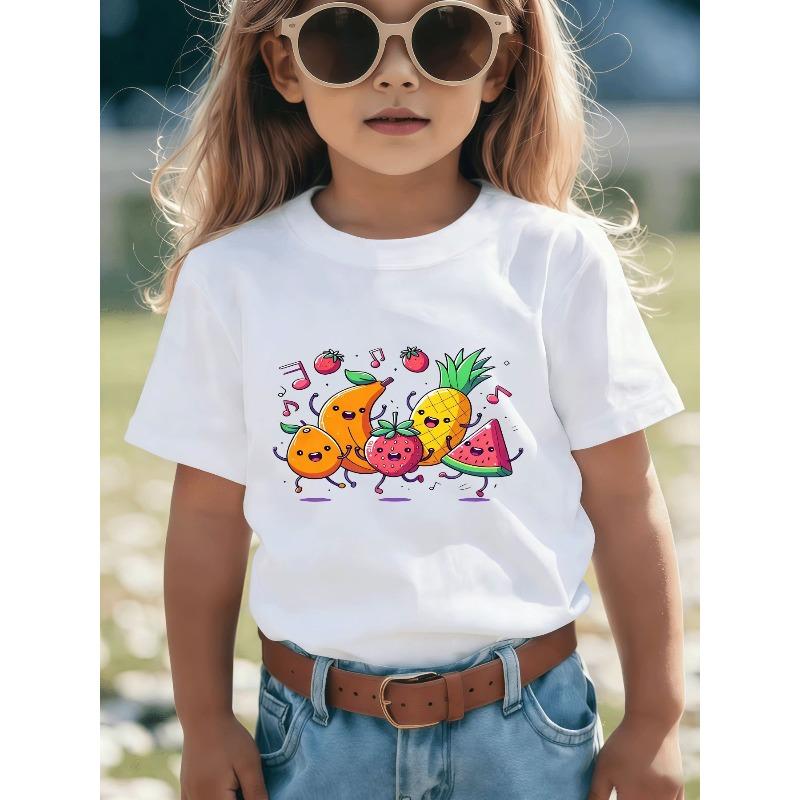European Sizes Cute Cartoon Fruit Dance T-Shirt - Featuring a Smiling Orange for Girls, Tropical Mango for Boys