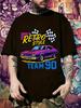 Retro Style 90 Team Racing Graphic T-shirt - Casual Short Sleeve Crew Neck Tee with Vibrant Purple Car & Checkered Flag Design
