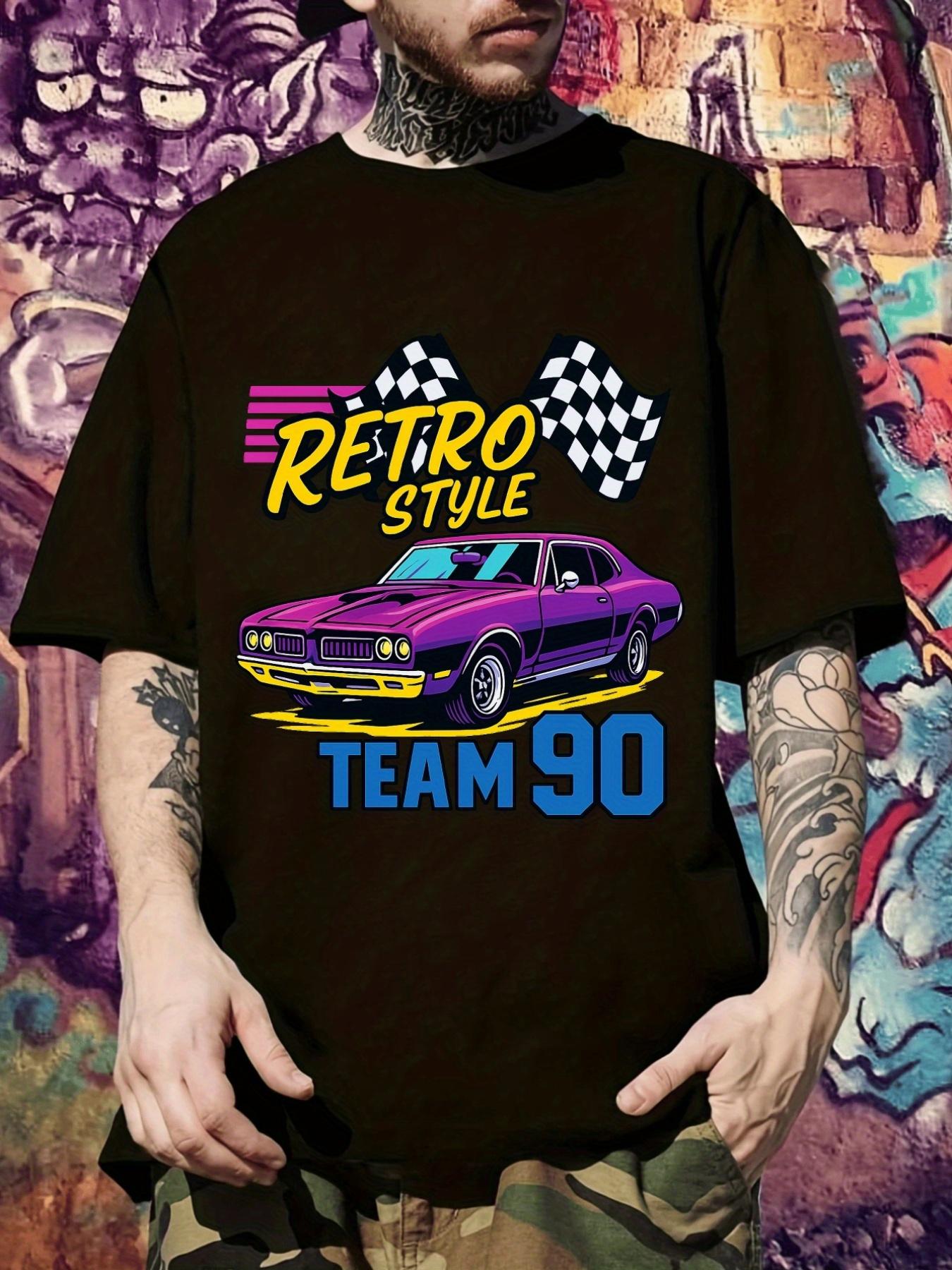 Retro Style 90 Team Racing Graphic T-shirt - Casual Short Sleeve Crew Neck Tee with Vibrant Purple Car & Checkered Flag Design XXXL