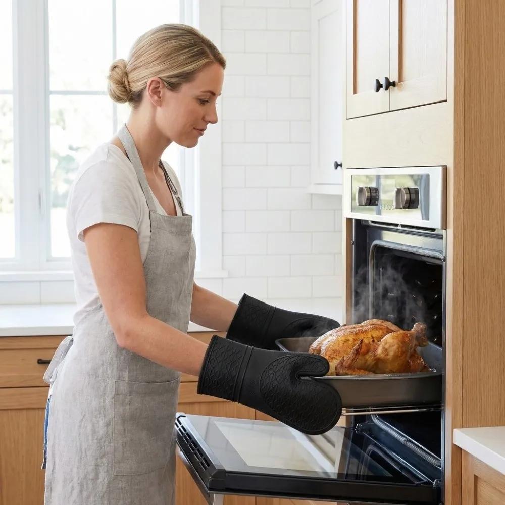 Food Grade Silicone Oven Mitts Honeycomb Cotton Lining Heat Resistant Mitts Soft Durable Baking Gloves Household