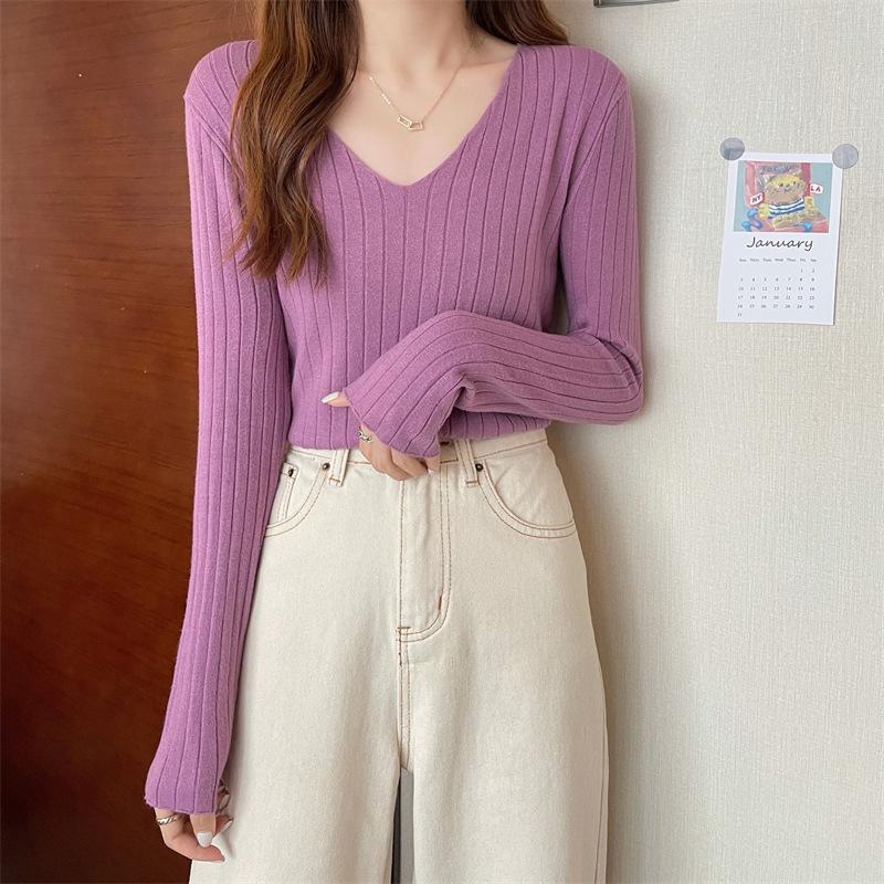 

Женские повседневные топы однотонные футболки с длинным рукавом вязаный свитер женские блузки с глубоким V-образным вырезом облегающие вязаные пуловеры One size фиолетовый