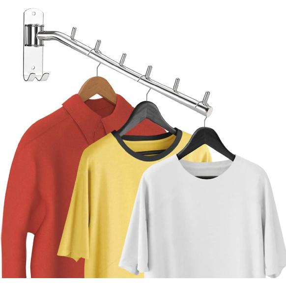 2-Pack Wall Mounted Folding Clothes Hanger Rack, Stainless Steel Clothes Hooks with Swing Arm Holder Space Saving Clothing Hanging System Closet