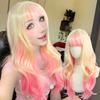Fashion Pink Light Gold Long Wave Curly Hair Girl Lolita Fiber Synthetic Wig Anime Party Cosplay