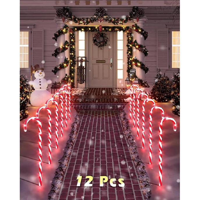 COOLWUFAN 12 Pack Christmas Candy Cane Pathway Markers, 22   Candy Cane Christmas Decorations Pathway Lights Outdoor with 72 Warm Lights for Xmas 12 Pack