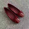 Soft Leather Shallow Mouth Single Shoes 2025 New Soft Sole Flat Bottom Square Head French Bow Red Women's Shoes Evening Grandma Shoes