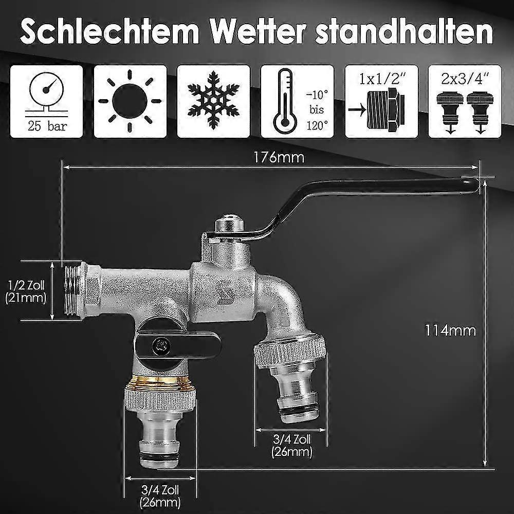 Garden Faucet, Double Outlet Tap 1/2 Inch, Made Of Brass,for The Garden, Washing Machine