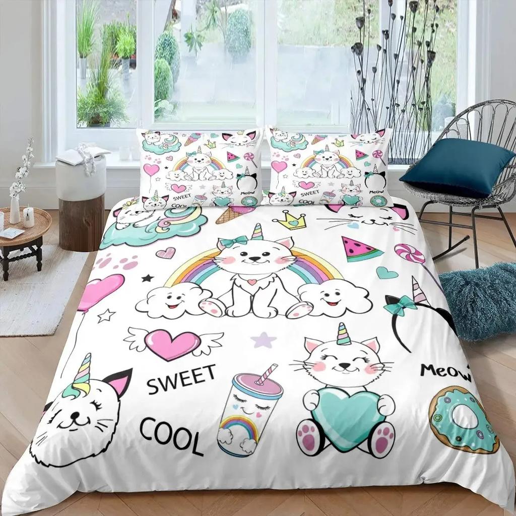 Unicorn Cat Duvet Cover Set Queen,Rainbow Unicorn Bedding Set,Girls Cartoon Magical Animal Sweet Icecream Comforter Cover