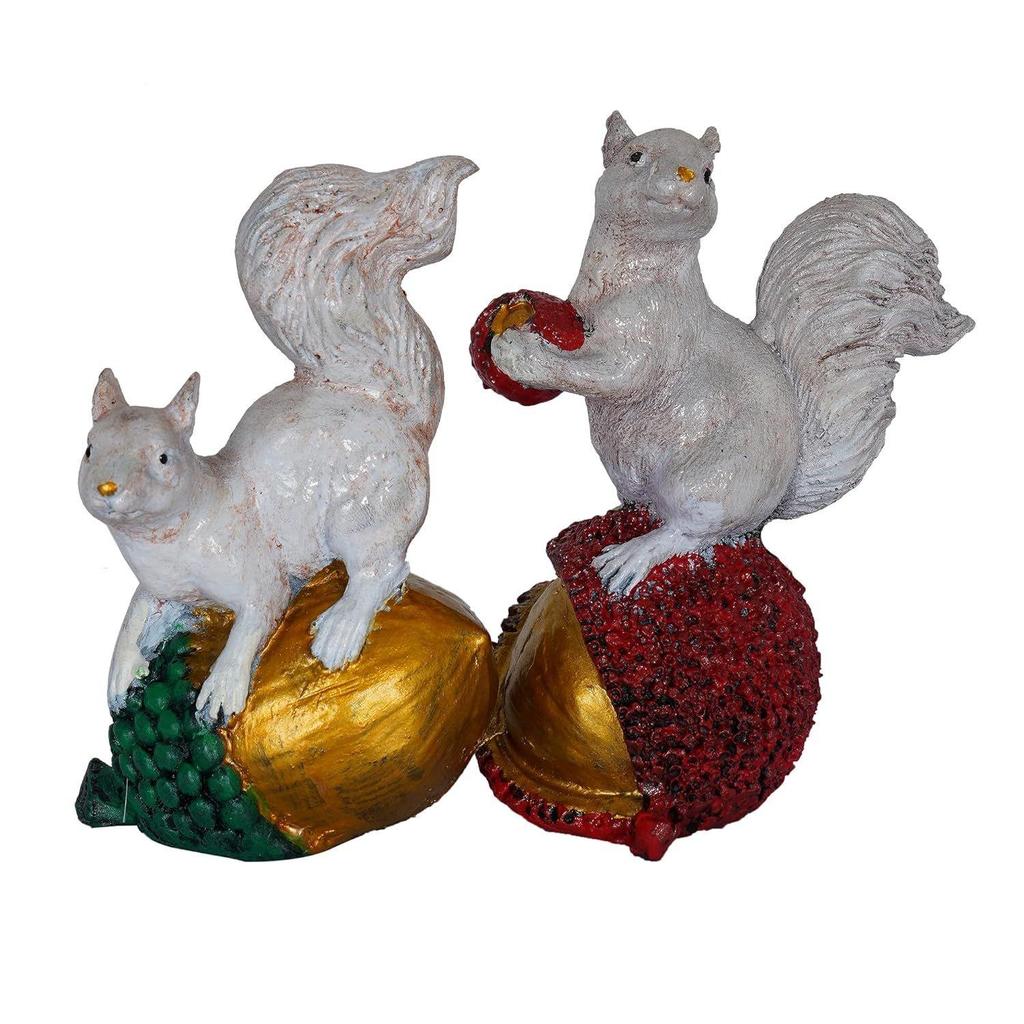 Polyresin Showpiece - Squirrel Holding Nuts Statue for Home Decor, Vaastu, Fang sue, Traditional, Handmade, Miniature, Antique (Multicolor, Set of 2)
