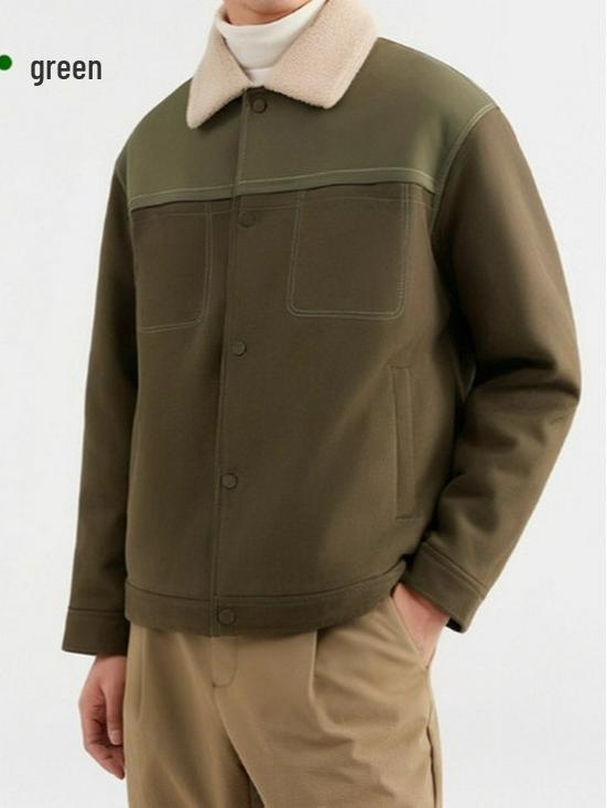 Men's Winter Short Suede Jacket with Velvet Lapel and Lamb Wool Padding