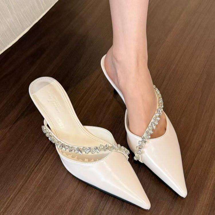

2025 new spring and summer French bag head rear empty single shoes satin bow sandals simple fashion high heels 35 білий