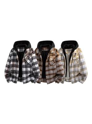 Unisex Retro Kareli Patchwork Kapüşonlu Ceket