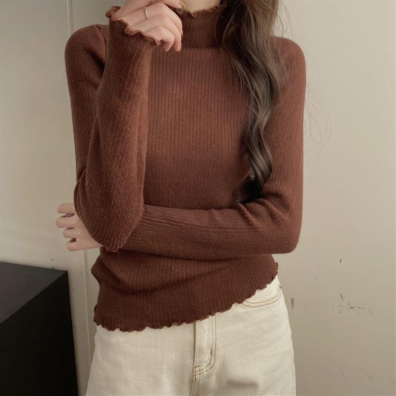 Warm Semi-turtleneck Inner Bottoming Shirt Women's Autumn and Winter Fungus Edge Slim-fit Top Integrated Fleece Thickened Knitted Sweater