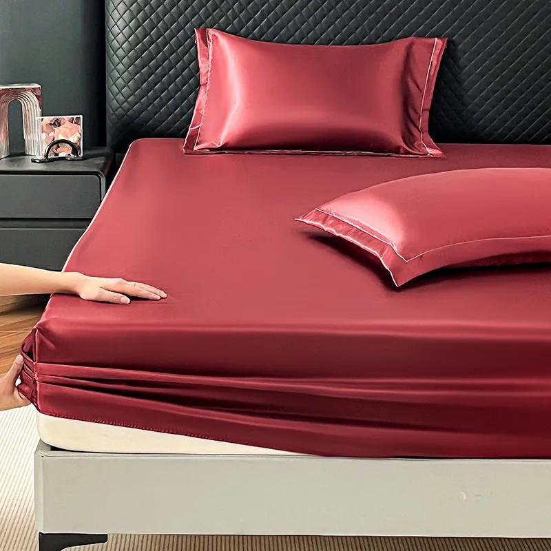 1Pc Satin Elastic Fitted Sheet Solid Mattress Cover for Single Double Couple King Queen Full Twin Bedsheet Satin Bed Linen