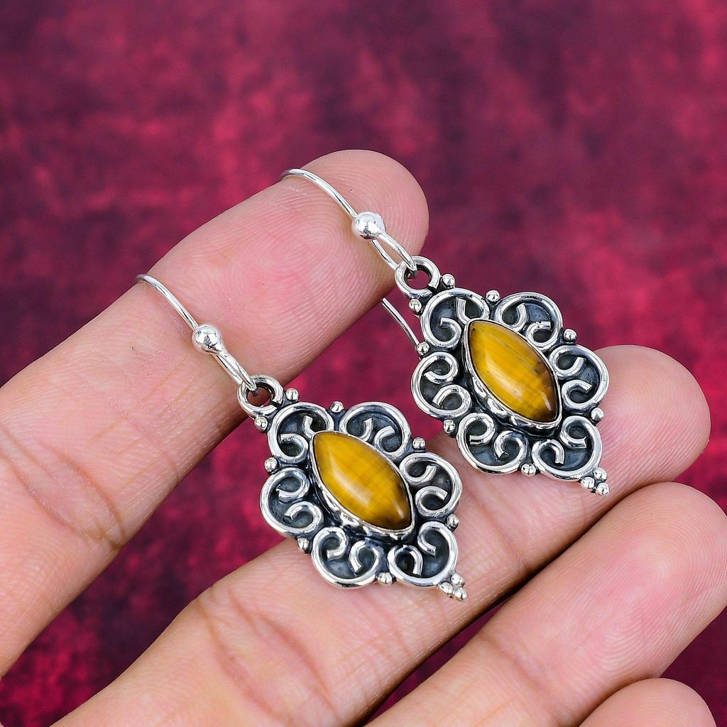 Tiger Eye Handmade Gemstone Earrings, 925 Solid Sterling Silver Earrings Antique Jewelry, For Engagement Gift
