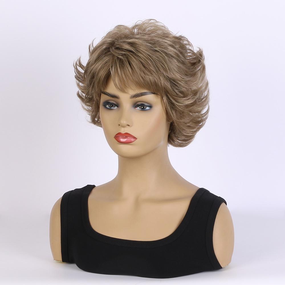 European and American Style Women's Fashion Daily Use Natural Looking Short Curly Wig with Bangs Synthetic Fiber Brown Wig