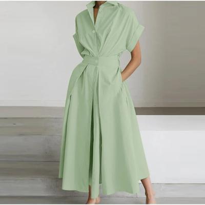 Elegantes lockeres lässiges kurzärmeliges Sommerkleid einfarbig große Größe hohe Taille figurbetont College-Stil Party lange Kleider Mode Taschen Kleidung