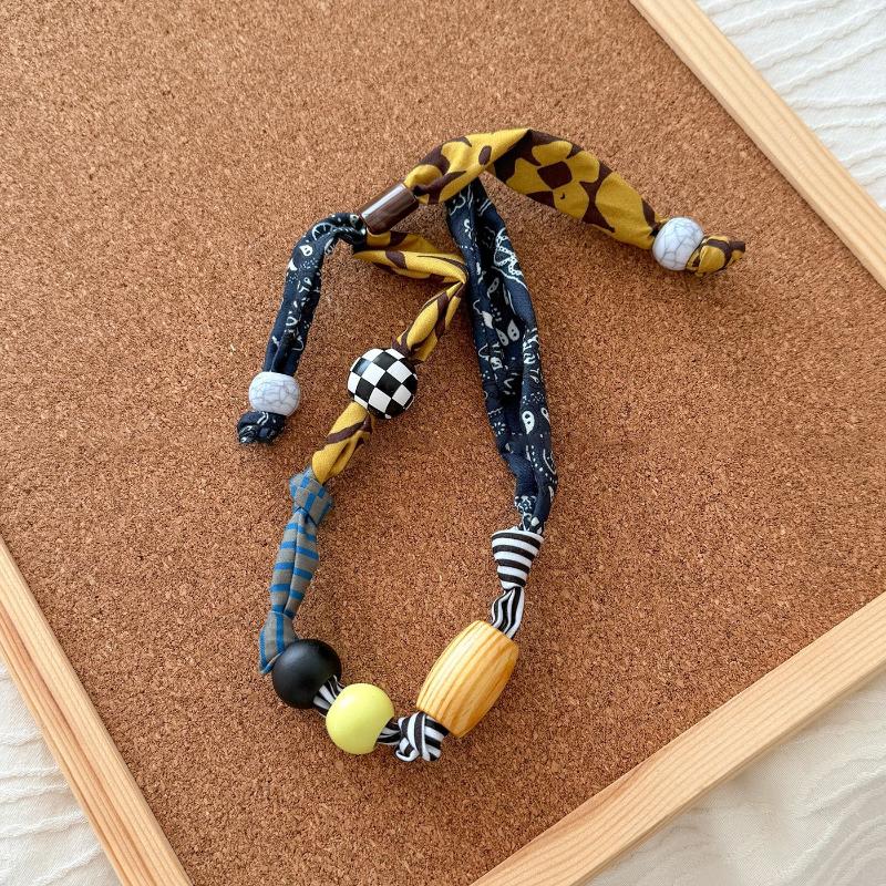 Love Pendant Patchwork Cloth Clavicle Chain Multicolor Wood Bead Necklace Ethnic Style Jewelry Accessories