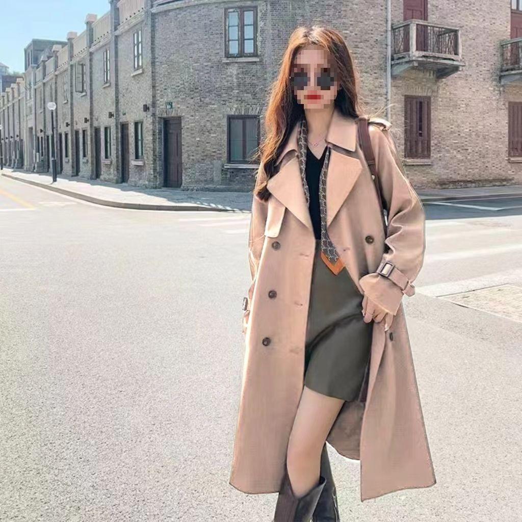French Women's Drapey Mid-Length Trench Coat - Spring/Autumn, Waist-Cinching, Fashionable.