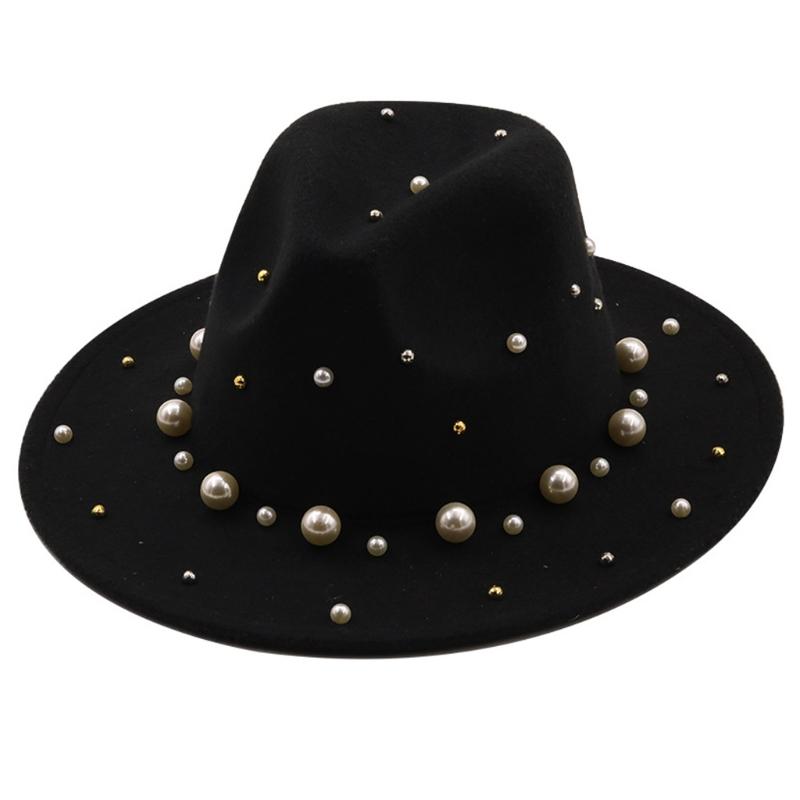 Fashion Classic Fedora Wool Big Brim Pearl Jazz Top Hat Church Hat Adult Dancer Costume Accessory Prop for Women and Men