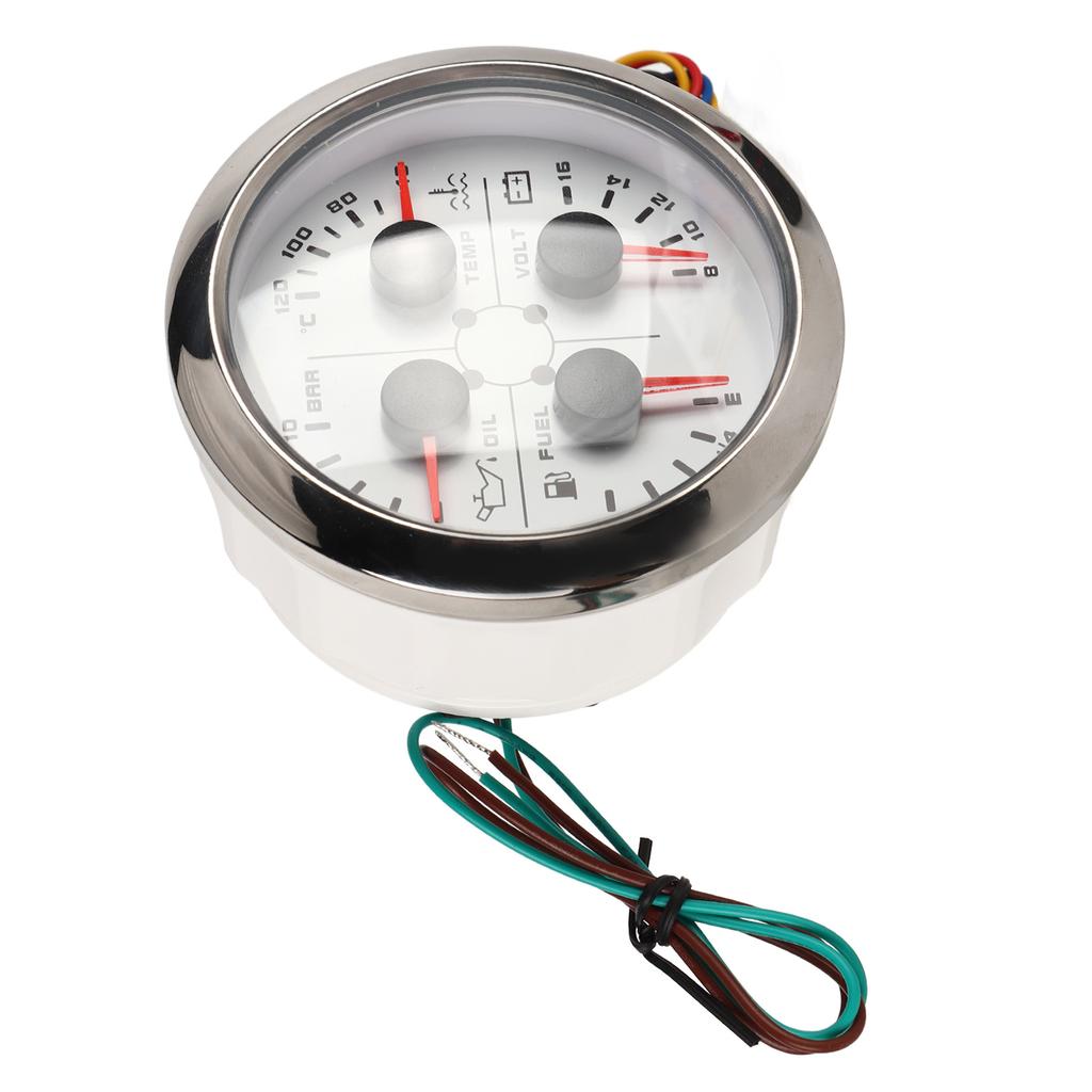4in1 85mm Guage Multifunction Fuel Level Oil Pressure Water Temp Volt Meter DC 9‑32V for Car RV Boat Motorcycle White