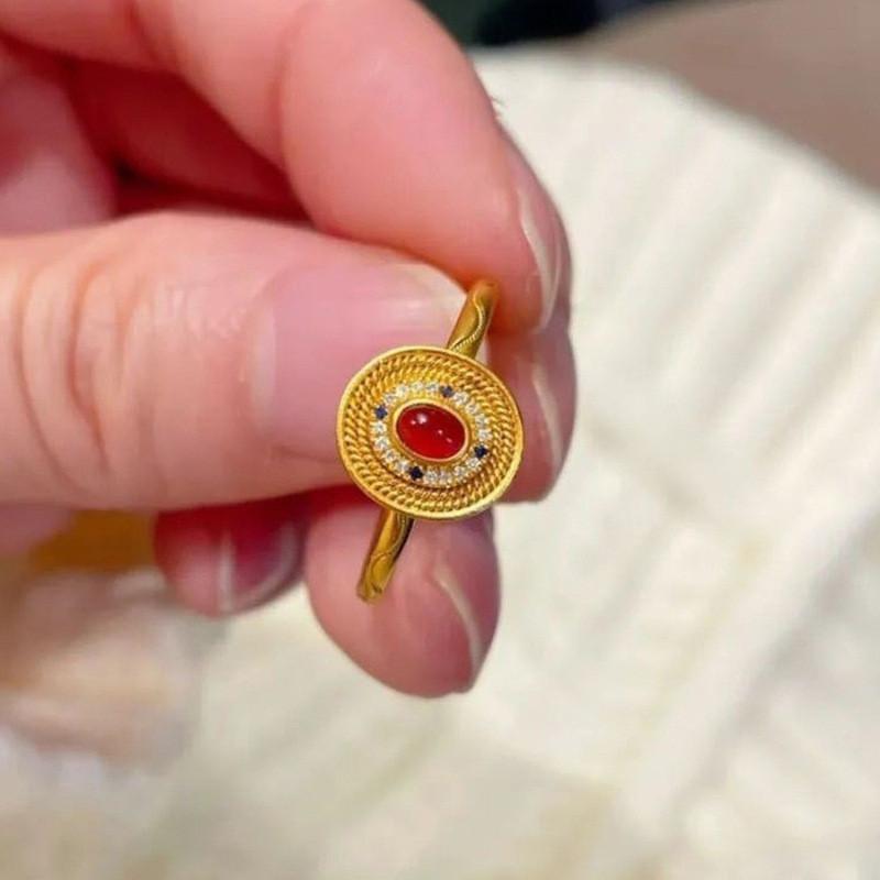 Geometric Design Womens Adjustable Copper Ring With Red Agate Inlay Chic Fashion Accessory For 2024