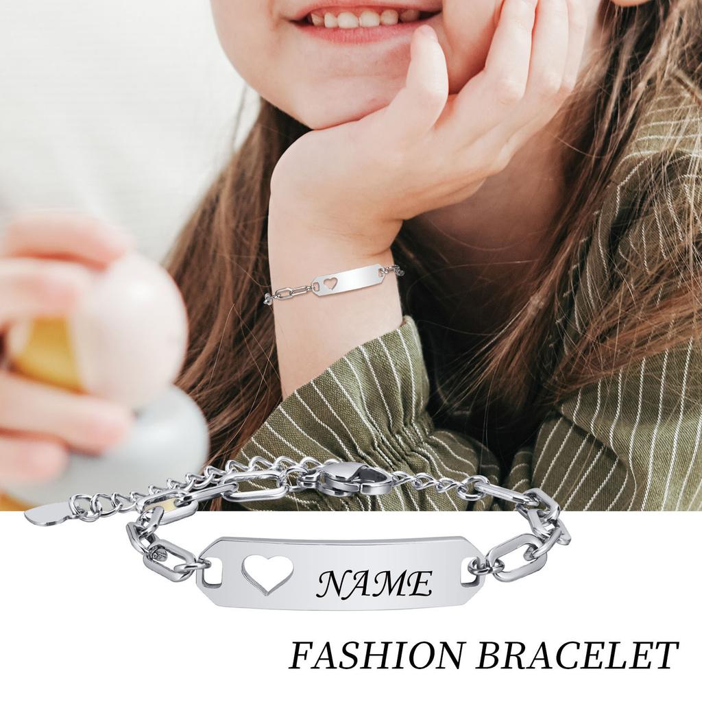 Engraved Custom Name ID Bracelet With Heart for Little Boy Girl, Stainless Steel Personalized Jewelry Birthday Gift