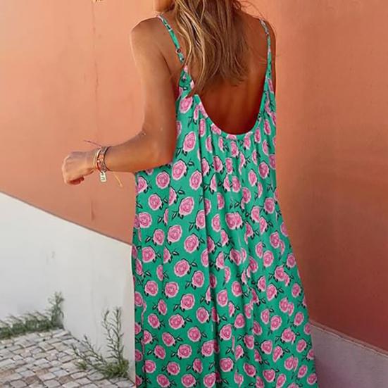 Women Boho Sleeveless Maxi Dress Spaghetti Strap Backless Swing Long Dress Summer Beach Flowy Sundress