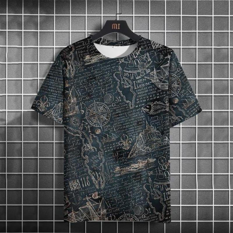 

Винтажная мужская футболка, летняя американская рубашка, топы с принтом компаса, футболки с короткими рукавами, свободная повседневная мужская одежда, повседневная уличная одежда S
