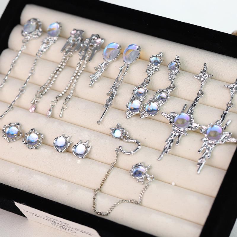 Women's Trendy Asymmetrical Moonstone Opal Stud Earrings - Cool Fashion Jewelry with Silver Needle