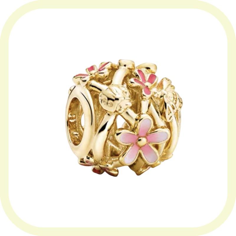 New Golden Flowers Collection Charm Bead Lucky Shamrock Rose in Bloom Daisy Flower Safety Chain Compatible With Authentic Bracelets Do It Yourself Jew