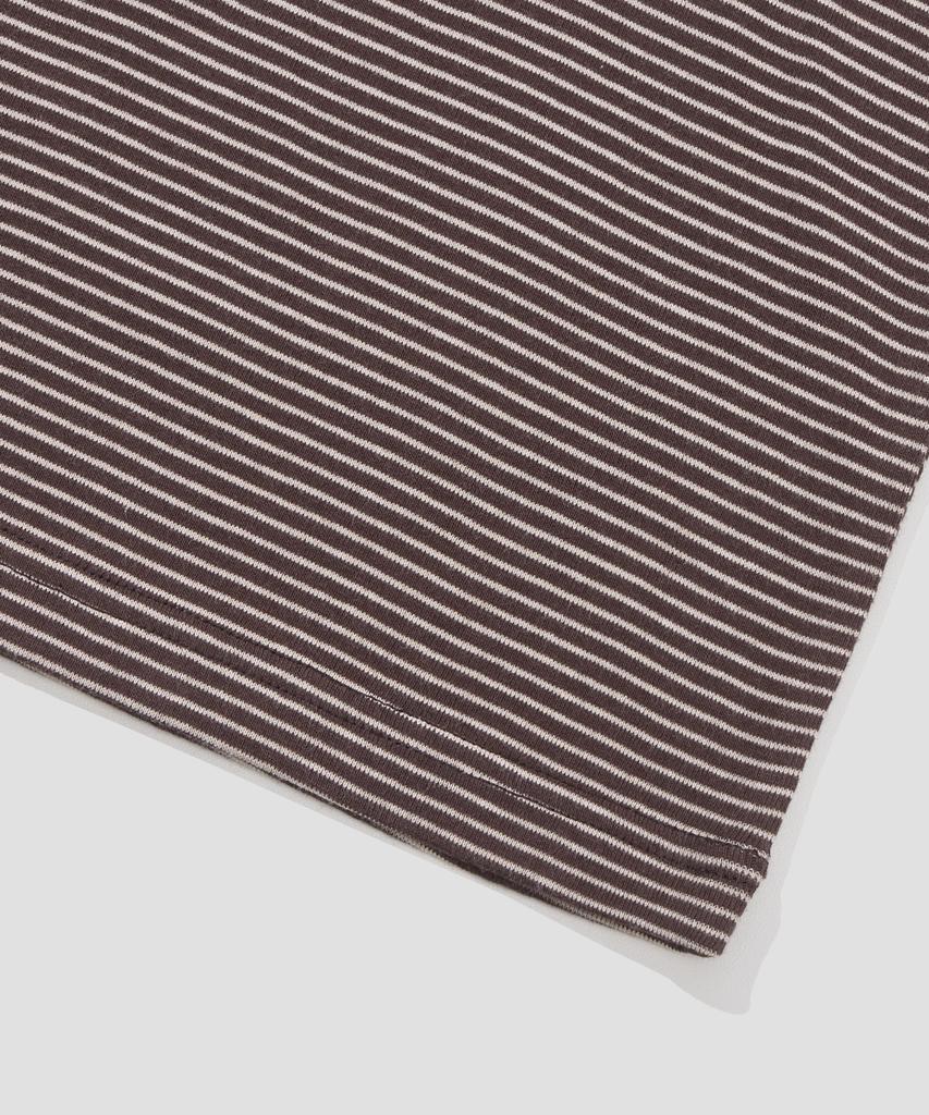 AGOD Roll-Up Snap Henley Neck Striped Half T-Shirt [Brown]