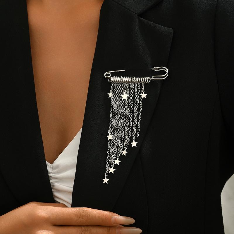 Fashion Silver Color Five-pointed Star Tassel Chain Brooches For Women Hip Hop Rock Metal Star Trousers Shortened Pins Jewelry
